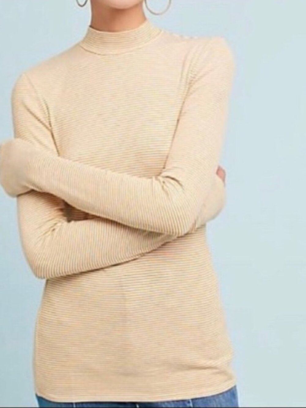 Anthropologie 🟣Pure + Good Size XL Striped Mock Neck Long Sleeve Top Gold/Cream